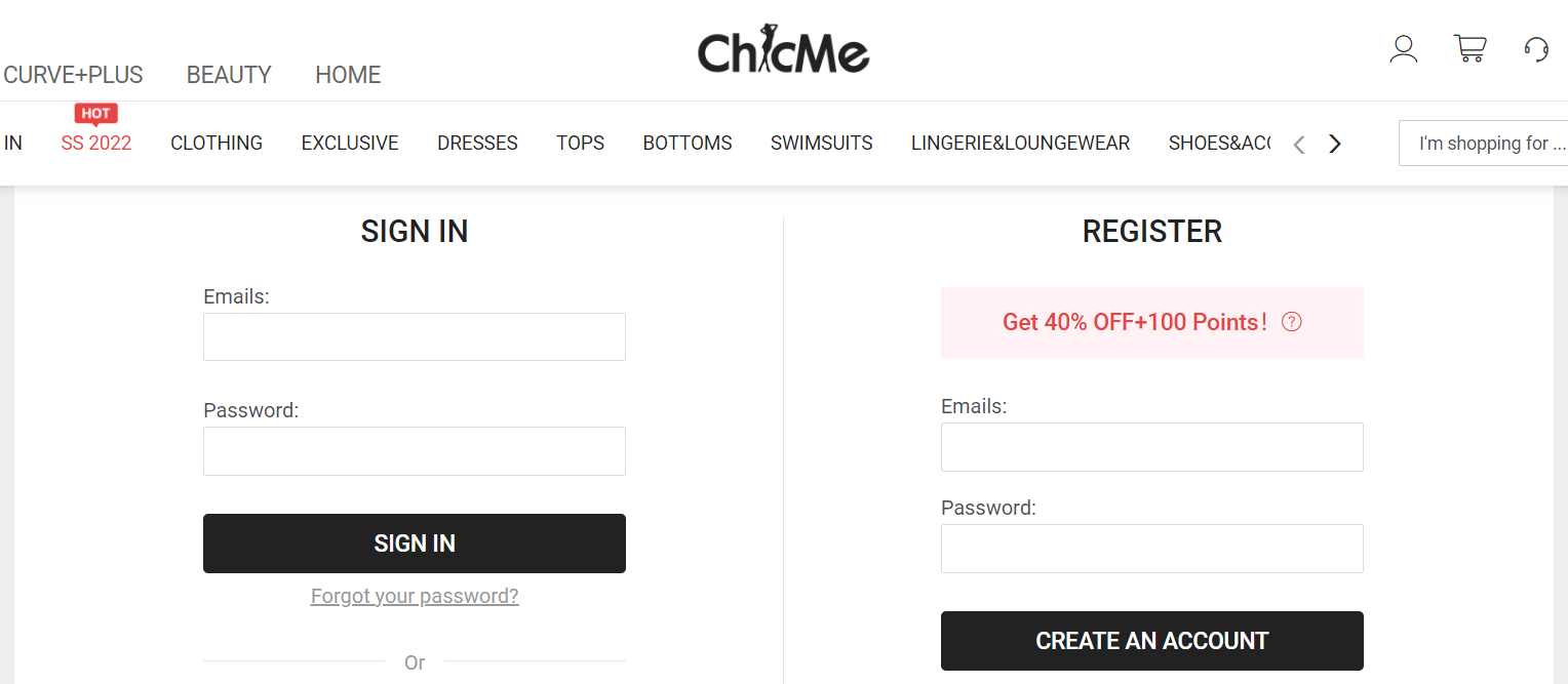 ChicMe страница регистрации личного кабинета